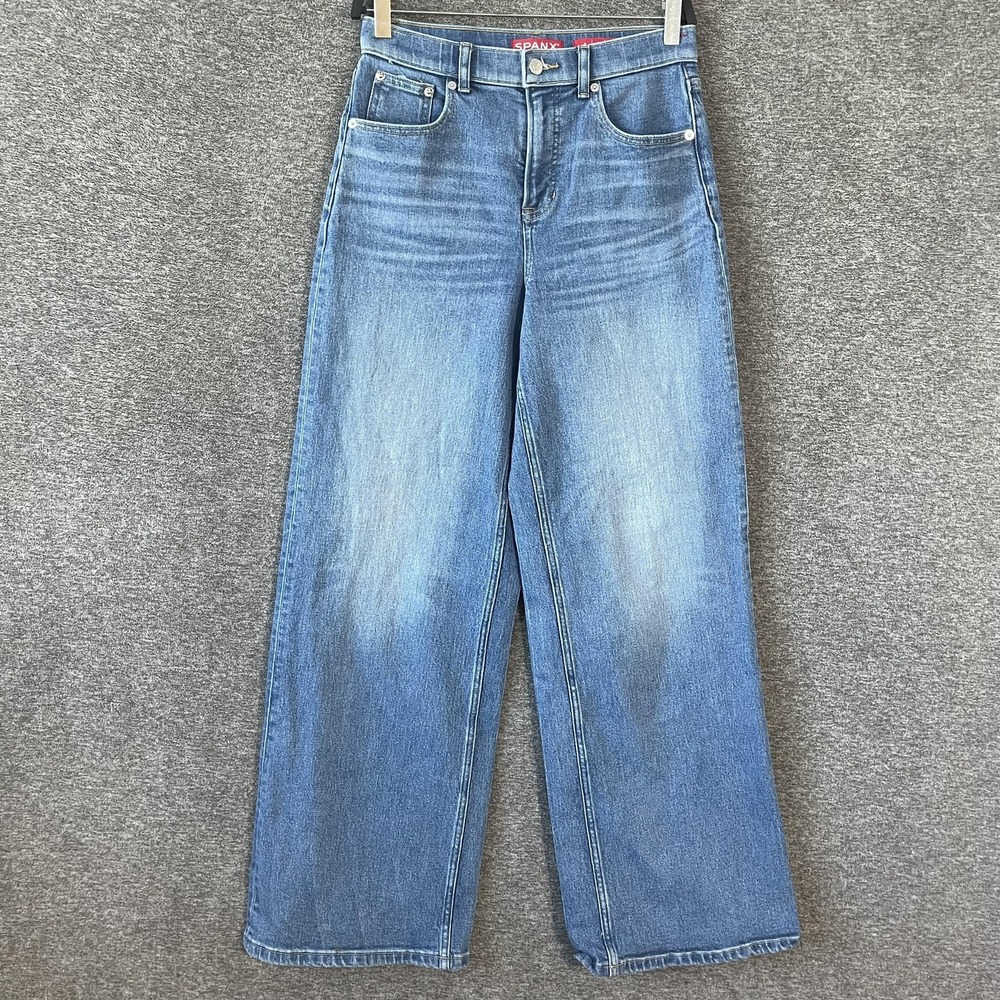 Spanx Jeans Womens Small Petite Blue Medium Wash High‎ Rise Wide Leg Denim 29x30